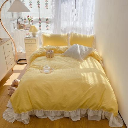 91家纺网 家纺一手货源 找家纺 玛奇朵 2021新款雪纺纱全棉色织提花四件套 华夫格-黄