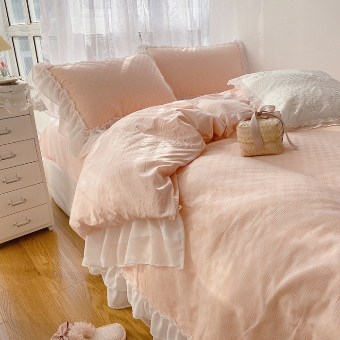 91家纺网 家纺一手货源 找家纺 玛奇朵 2021新款雪纺纱全棉色织提花四件套 华夫格-粉