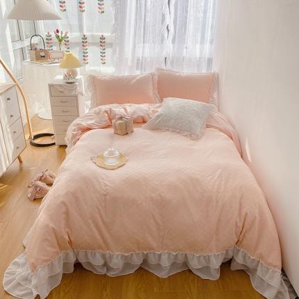 玛奇朵 2021新款雪纺纱全棉色织提花四件套 华夫格-粉