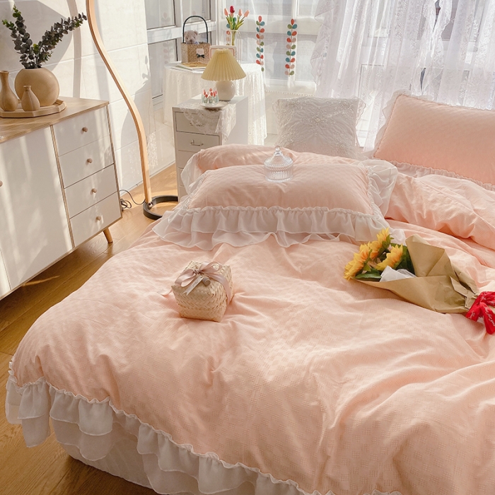 91家纺网 家纺一手货源 找家纺 玛奇朵 2021新款雪纺纱全棉色织提花四件套 华夫格-粉