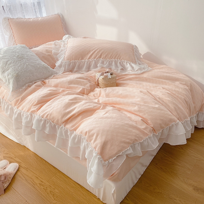 91家纺网 家纺一手货源 找家纺 玛奇朵 2021新款雪纺纱全棉色织提花四件套 华夫格-粉