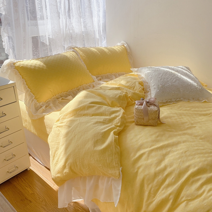 91家纺网 家纺一手货源 找家纺 玛奇朵 2021新款雪纺纱全棉色织提花四件套 华夫格-黄