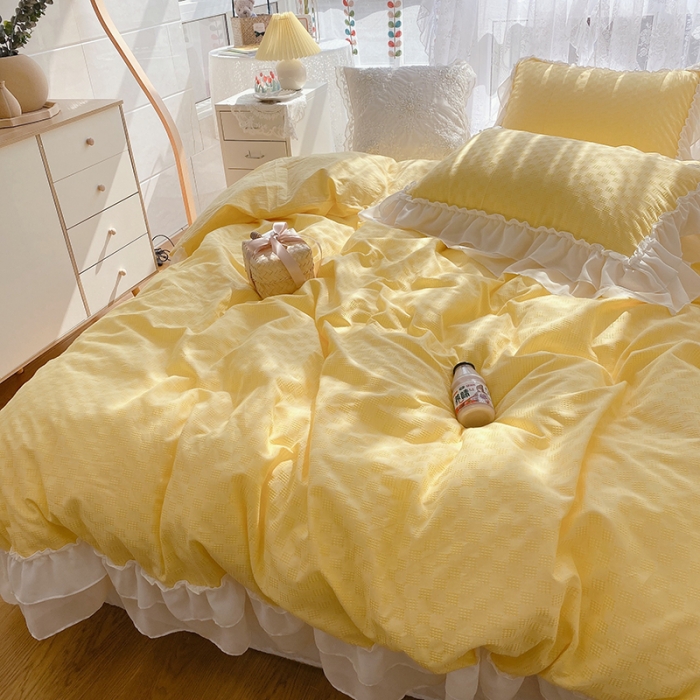 91家纺网 家纺一手货源 找家纺 玛奇朵 2021新款雪纺纱全棉色织提花四件套 华夫格-黄