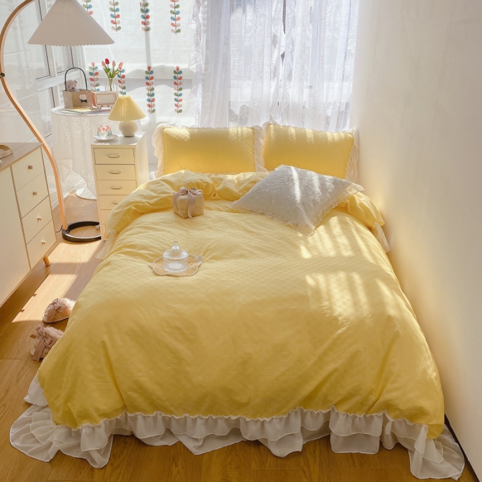 91家纺网 家纺一手货源 找家纺 玛奇朵 2021新款雪纺纱全棉色织提花四件套 华夫格-黄