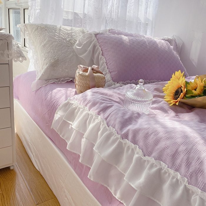 91家纺网 家纺一手货源 找家纺 玛奇朵 2021新款雪纺纱全棉色织提花四件套 华夫格-紫