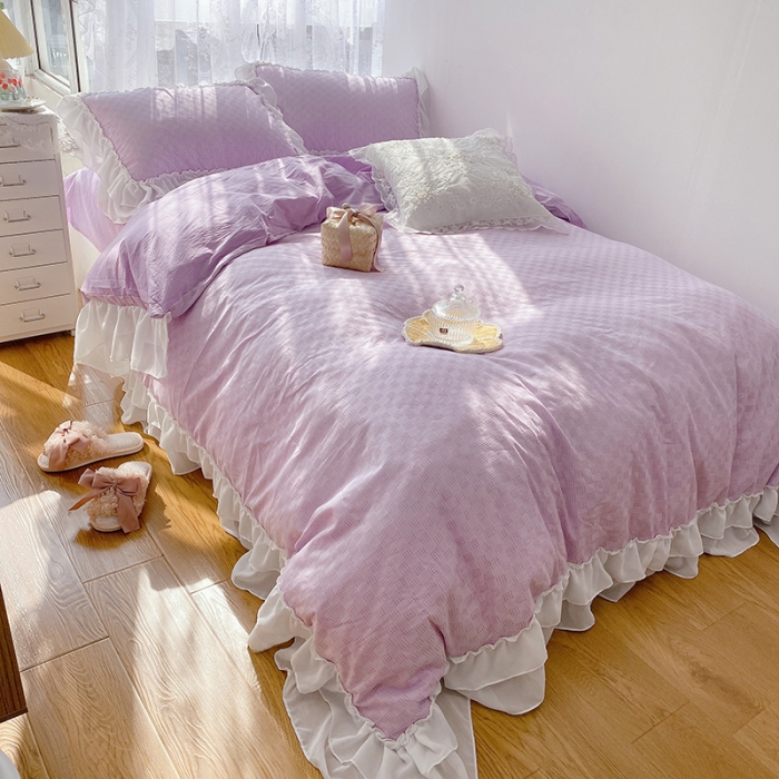 91家纺网 家纺一手货源 找家纺 玛奇朵 2021新款雪纺纱全棉色织提花四件套 华夫格-紫