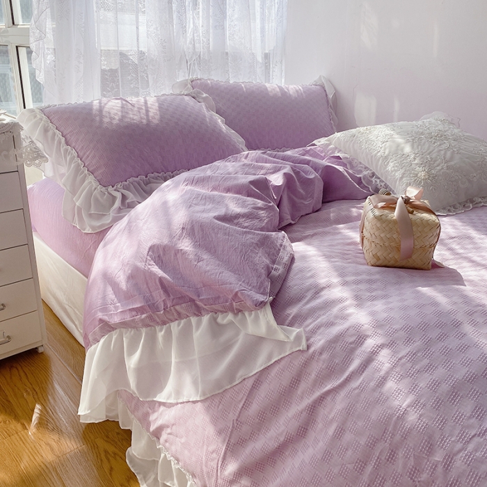 91家纺网 家纺一手货源 找家纺 玛奇朵 2021新款雪纺纱全棉色织提花四件套 华夫格-紫