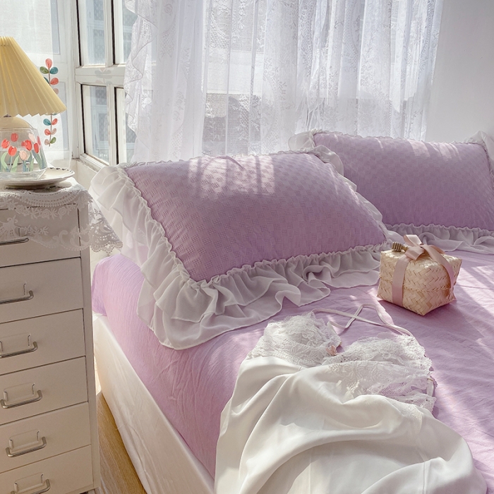 91家纺网 家纺一手货源 找家纺 玛奇朵 2021新款雪纺纱全棉色织提花四件套 华夫格-紫