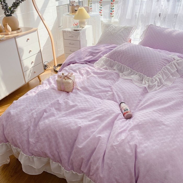 91家纺网 家纺一手货源 找家纺 玛奇朵 2021新款雪纺纱全棉色织提花四件套 华夫格-紫