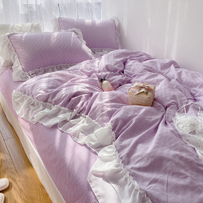 91家纺网 家纺一手货源 找家纺 玛奇朵 2021新款雪纺纱全棉色织提花四件套 华夫格-紫