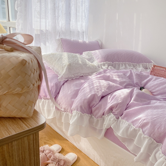 91家纺网 家纺一手货源 找家纺 玛奇朵 2021新款雪纺纱全棉色织提花四件套 华夫格-紫