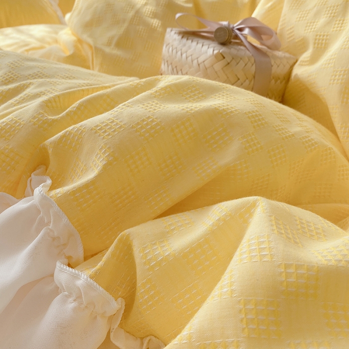 91家纺网 家纺一手货源 找家纺 玛奇朵 2021新款雪纺纱全棉色织提花四件套 华夫格-黄