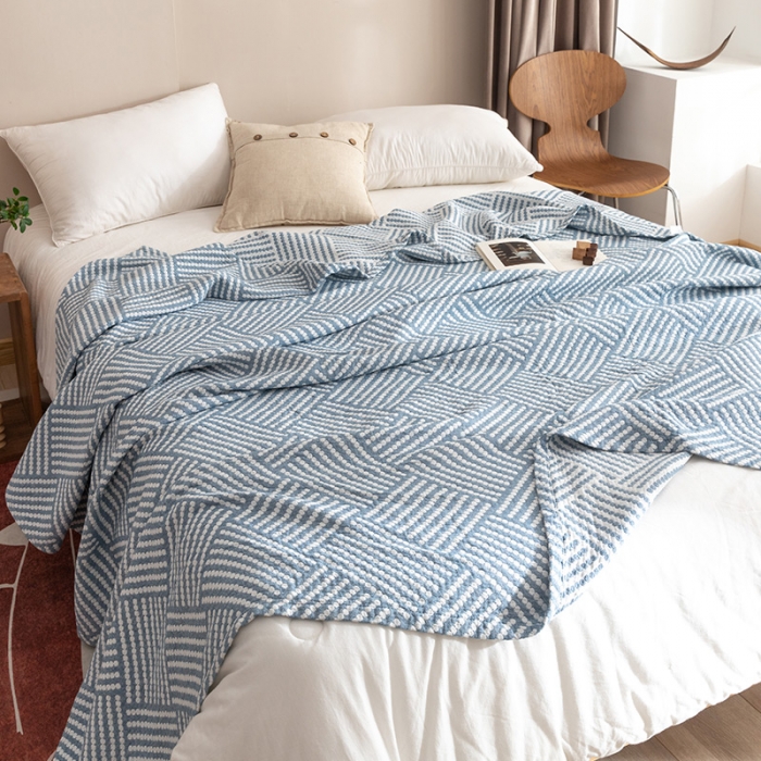 91家纺网 家纺一手货源 找家纺 朴尔2021新品塞尚风格全棉水洗棉三层纱布毛巾被 慕斯-蓝