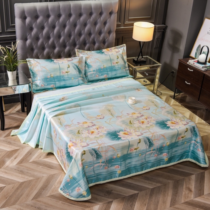 91家纺网 家纺一手货源 找家纺 唐人居 2025款冰丝软席三件套 荷叶初放