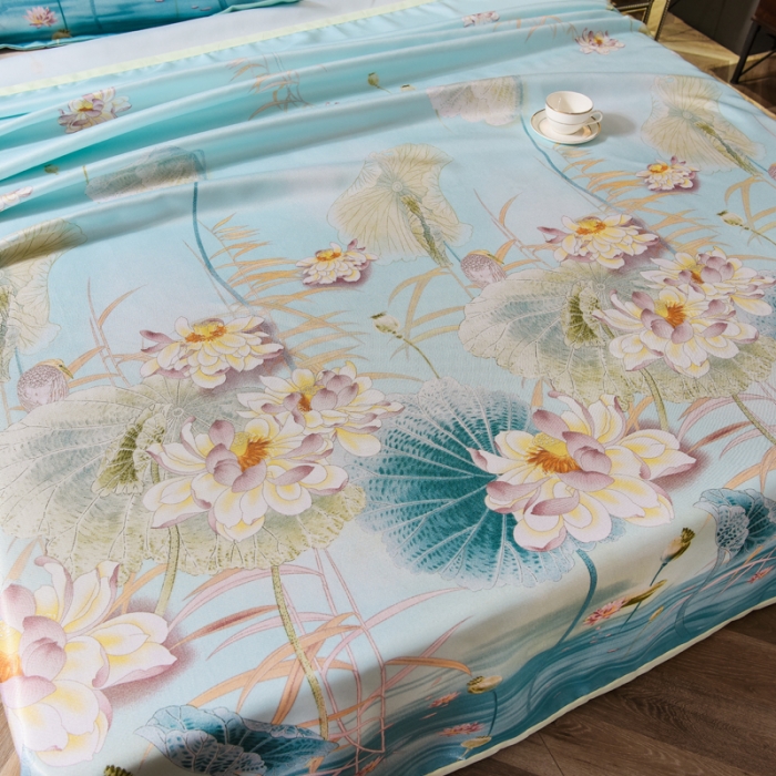 91家纺网 家纺一手货源 找家纺 唐人居 2025款冰丝软席三件套 荷叶初放