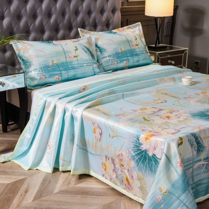 91家纺网 家纺一手货源 找家纺 唐人居 2025款冰丝软席三件套 荷叶初放