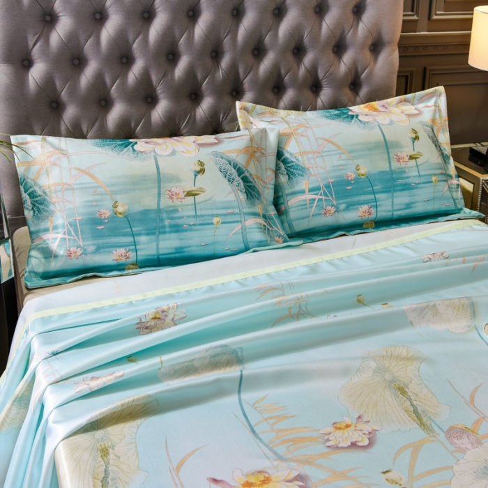 91家纺网 家纺一手货源 找家纺 唐人居 2025款冰丝软席三件套 荷叶初放