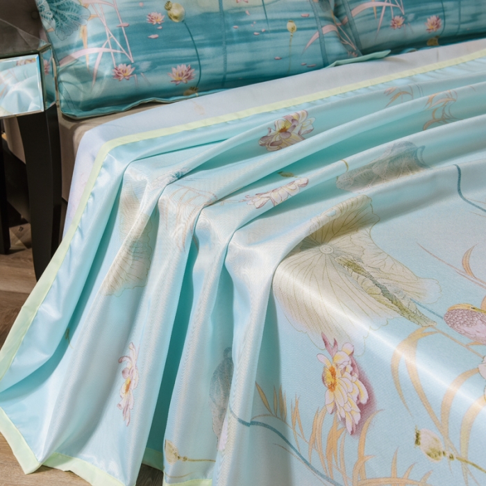 91家纺网 家纺一手货源 找家纺 唐人居 2025款冰丝软席三件套 荷叶初放