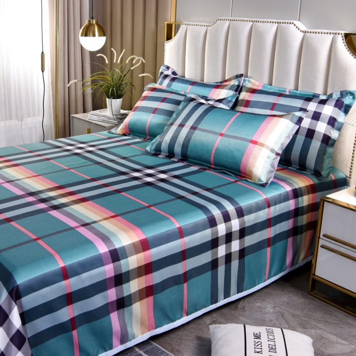 91家纺网 家纺一手货源 找家纺 唐人居 2025款冰丝软席三件套 时尚彩格-绿