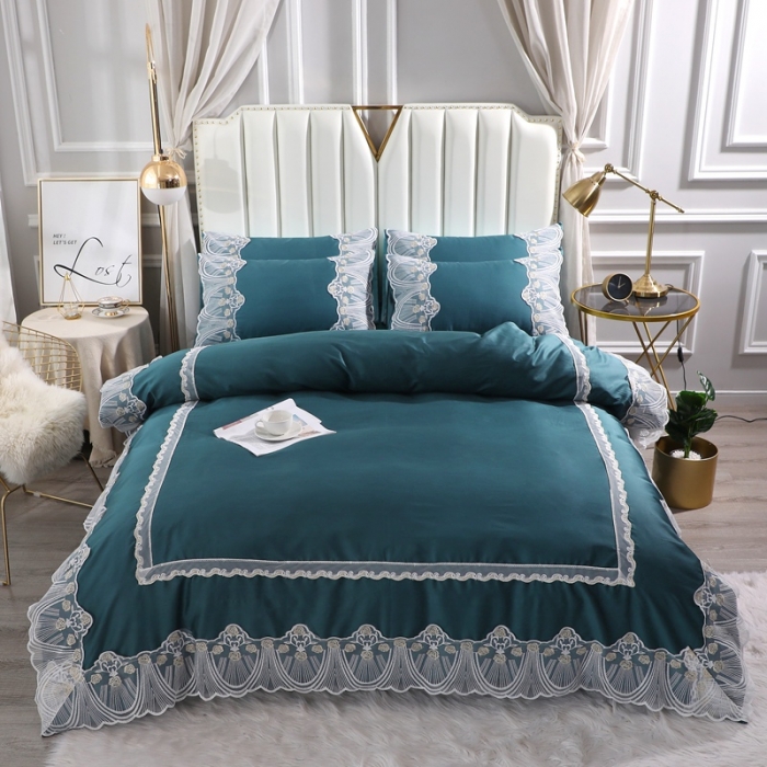 91家纺网 家纺一手货源 找家纺 （总）2023新款全棉60S贡缎长绒棉蕾丝四件套 纯棉60支