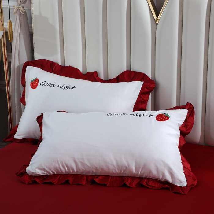 91家纺网 家纺一手货源 找家纺 全棉60支贡缎长绒棉公主风韩版绣花四件套 夕夕草莓-酒红