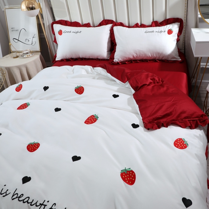 91家纺网 家纺一手货源 找家纺 全棉60支贡缎长绒棉公主风韩版绣花四件套 夕夕草莓-酒红