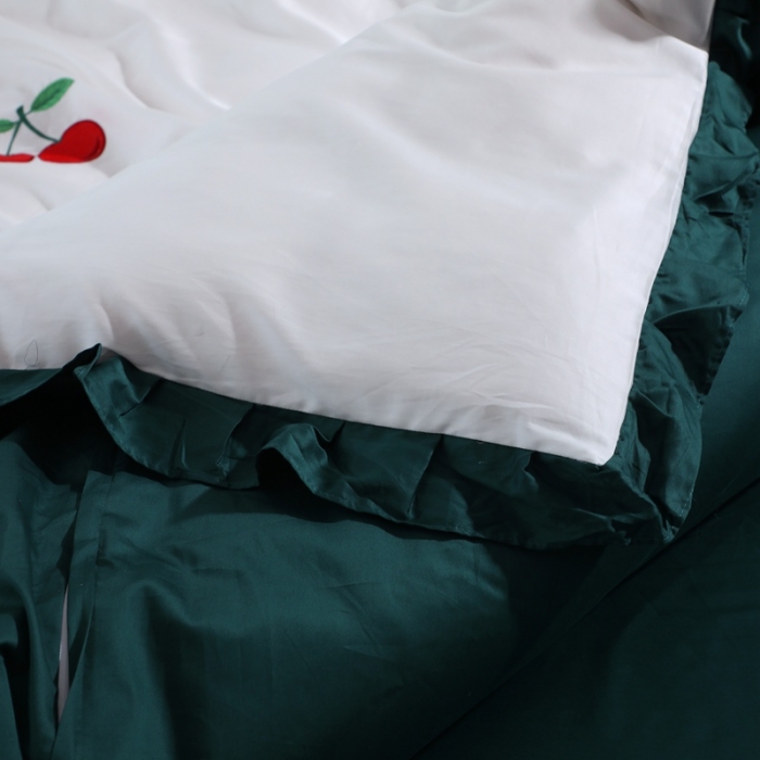 91家纺网 家纺一手货源 找家纺 全棉60支贡缎长绒棉公主风韩版绣花四件套 彤彤樱桃-猫眼绿