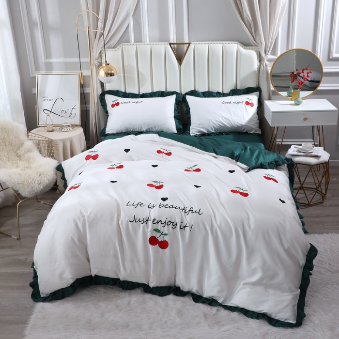 91家纺网 家纺一手货源 找家纺 全棉60支贡缎长绒棉公主风韩版绣花四件套 彤彤樱桃-猫眼绿