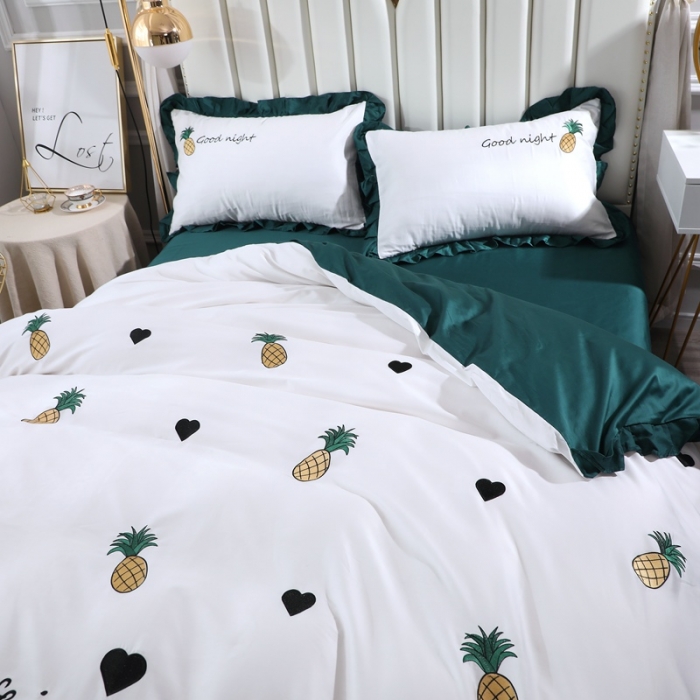 91家纺网 家纺一手货源 找家纺 全棉60支贡缎长绒棉公主风韩版绣花四件套 依依菠萝-猫眼绿