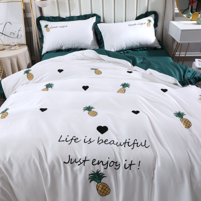 91家纺网 家纺一手货源 找家纺 全棉60支贡缎长绒棉公主风韩版绣花四件套 依依菠萝-猫眼绿