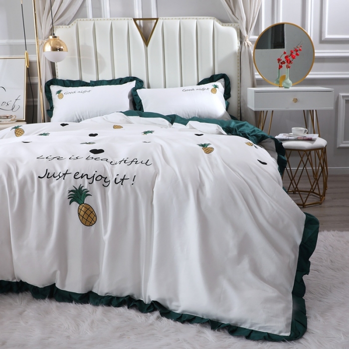 91家纺网 家纺一手货源 找家纺 全棉60支贡缎长绒棉公主风韩版绣花四件套 依依菠萝-猫眼绿