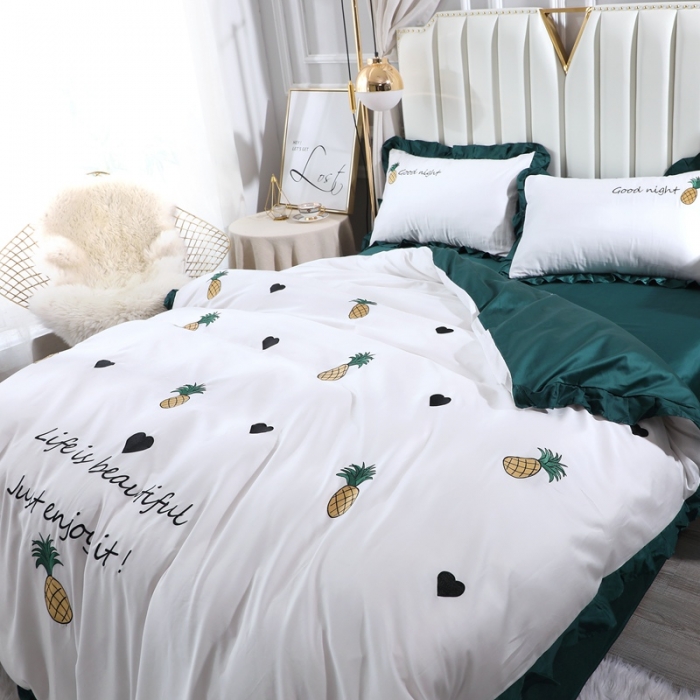 91家纺网 家纺一手货源 找家纺 全棉60支贡缎长绒棉公主风韩版绣花四件套 依依菠萝-猫眼绿