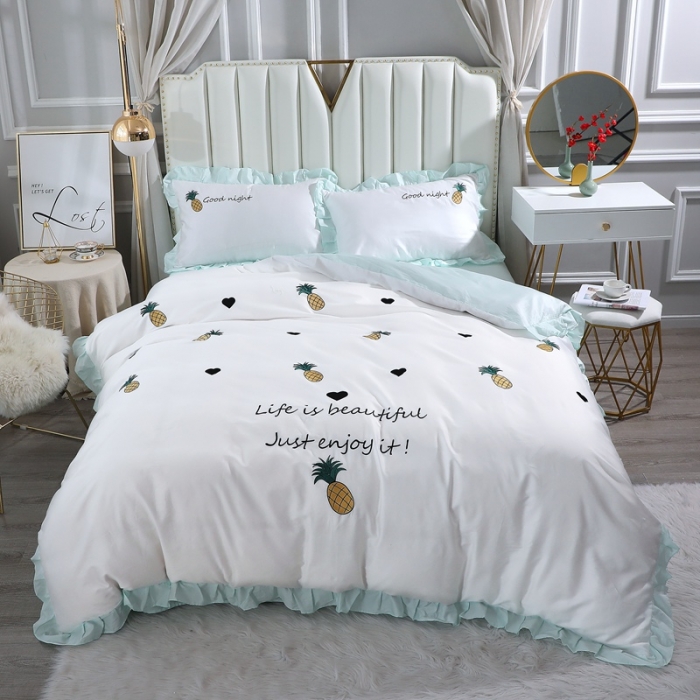 91家纺网 家纺一手货源 找家纺 全棉60支贡缎长绒棉公主风韩版绣花四件套 依依菠萝-浅绿