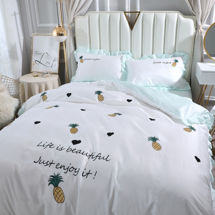 91家纺网 家纺一手货源 找家纺 全棉60支贡缎长绒棉公主风韩版绣花四件套 依依菠萝-浅绿