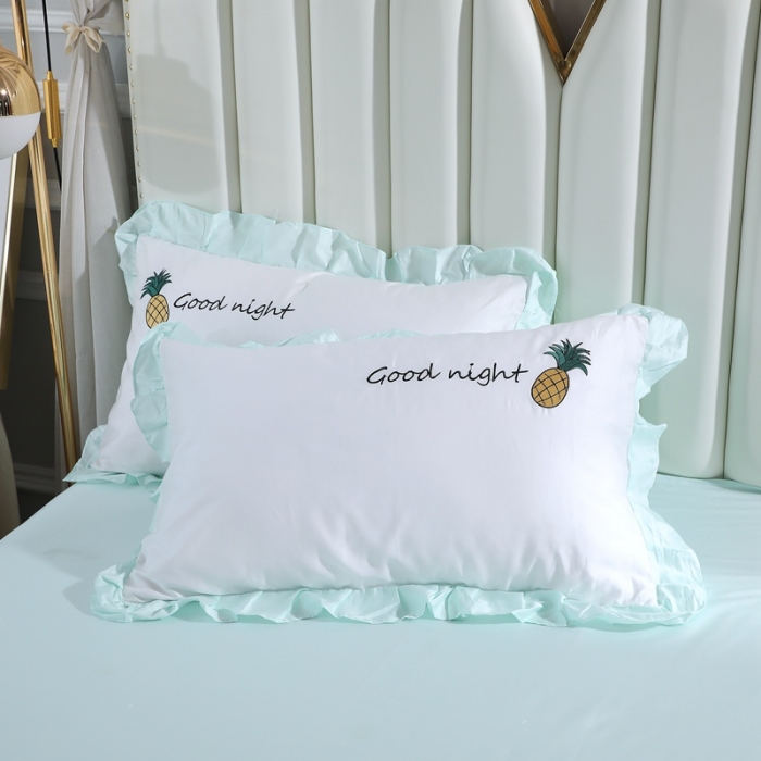 91家纺网 家纺一手货源 找家纺 全棉60支贡缎长绒棉公主风韩版绣花四件套 依依菠萝-浅绿