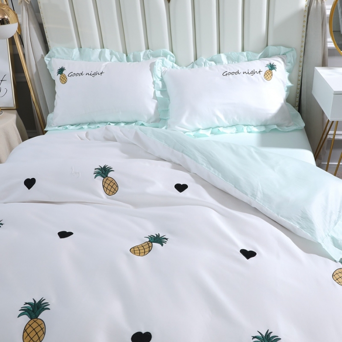 91家纺网 家纺一手货源 找家纺 全棉60支贡缎长绒棉公主风韩版绣花四件套 依依菠萝-浅绿