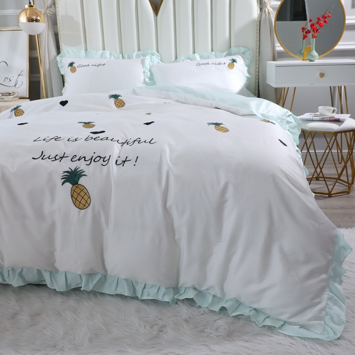 91家纺网 家纺一手货源 找家纺 全棉60支贡缎长绒棉公主风韩版绣花四件套 依依菠萝-浅绿