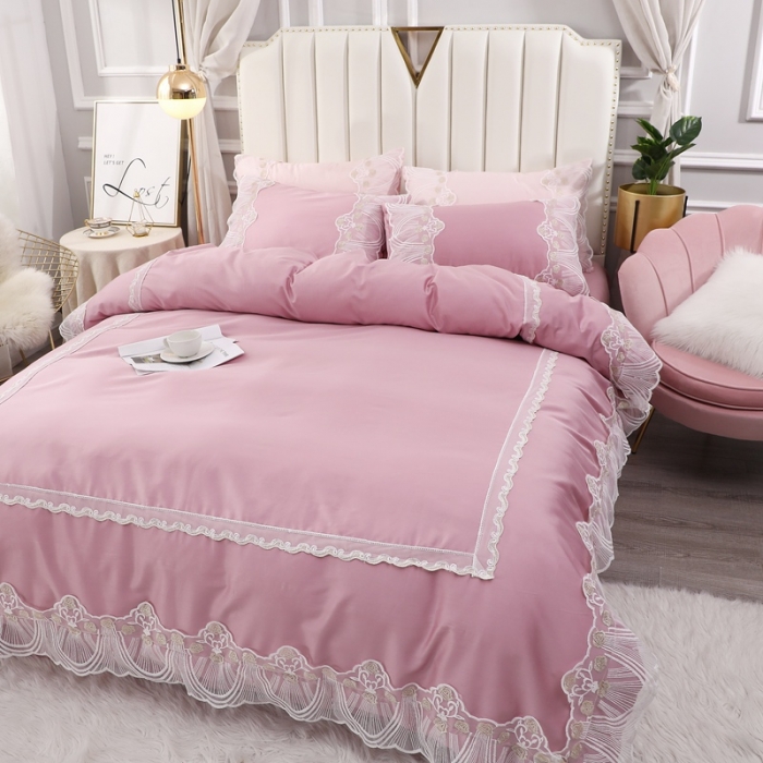 91家纺网 家纺一手货源 找家纺 2021全棉60贡缎长绒棉蕾丝四件套 艾丽莎-浅豆沙