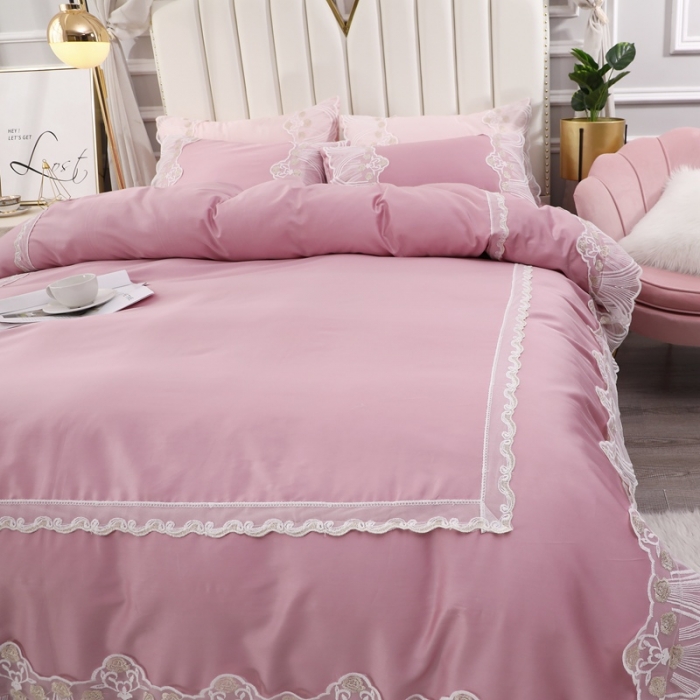 91家纺网 家纺一手货源 找家纺 2021全棉60贡缎长绒棉蕾丝四件套 艾丽莎-浅豆沙