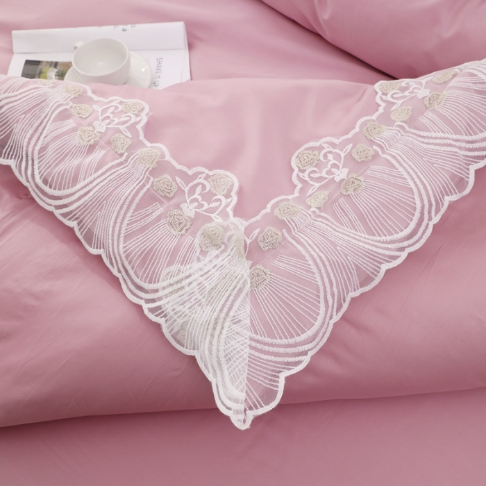 91家纺网 家纺一手货源 找家纺 2021全棉60贡缎长绒棉蕾丝四件套 艾丽莎-浅豆沙