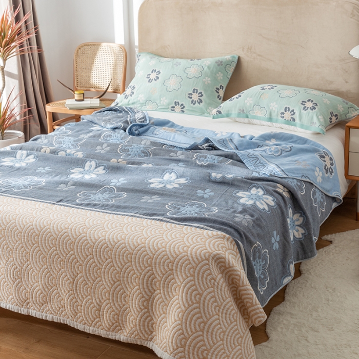 91家纺网 家纺一手货源 找家纺 朴尔2021新款四层韩版碎花风全棉纱布毛巾被花亭玉暖-蓝