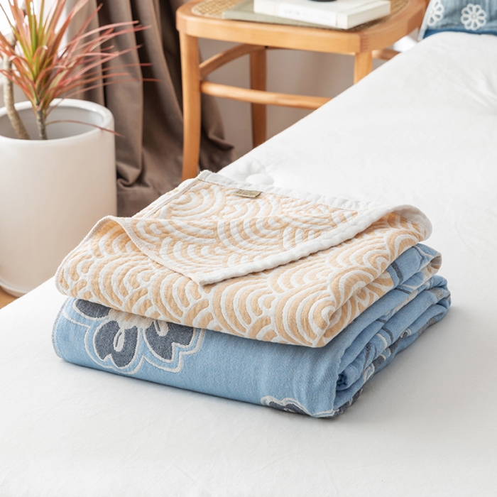 91家纺网 家纺一手货源 找家纺 朴尔2021新款四层韩版碎花风全棉纱布毛巾被花亭玉暖-蓝