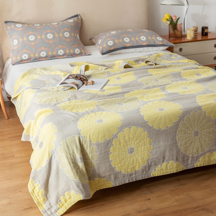 91家纺网 家纺一手货源 找家纺 朴尔2021新款四层韩版碎花风全棉纱布毛巾被橘子物语-浅灰