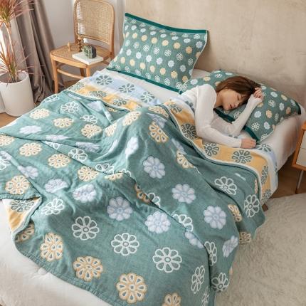 91家纺网 家纺一手货源 找家纺 朴尔2021新款四层韩版碎花风全棉纱布毛巾被曼陀罗-绿