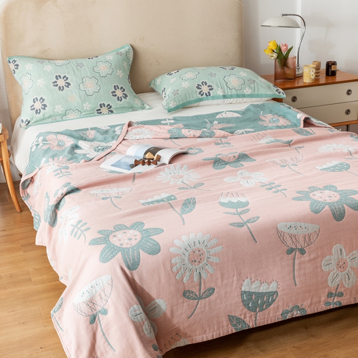 91家纺网 家纺一手货源 找家纺 朴尔2021新款四层韩版碎花风全棉纱布毛巾被清新夏日-粉