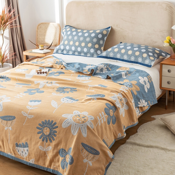 91家纺网 家纺一手货源 找家纺 朴尔2021新款四层韩版碎花风全棉纱布毛巾被清新夏日-蓝