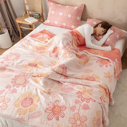 91家纺网 家纺一手货源 找家纺 朴尔2021新款四层韩版碎花风全棉纱布毛巾被向日花开-米白