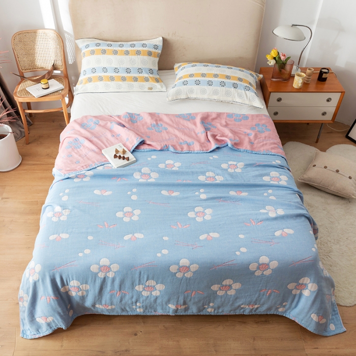 91家纺网 家纺一手货源 找家纺 朴尔2021新款四层韩版碎花风全棉纱布毛巾被小清新-蓝