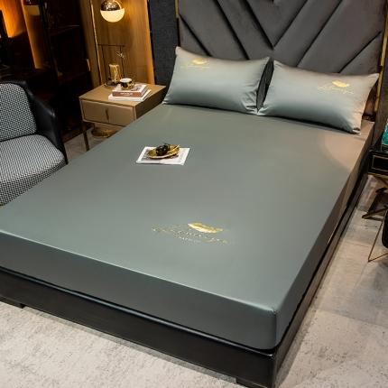 全棉纯色40s刺绣单件床笠 轻羽-灰绿