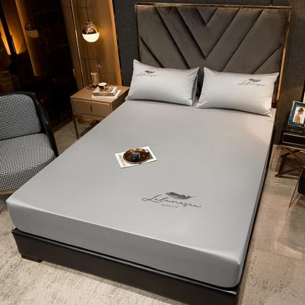 全棉纯色40s刺绣单件床笠 轻羽-浅灰